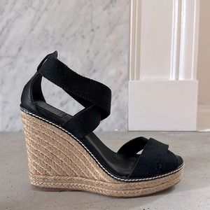 Tory Burch wedge espadrille sandals with elastic canvas black straps, size 8